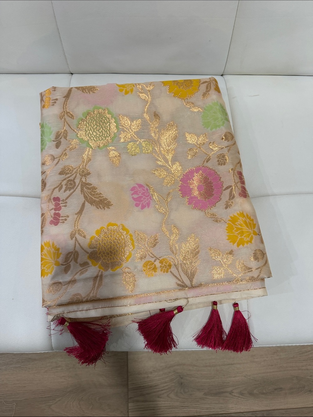 Elegant Floral Embroidered Saree - Pink with Gold Accents